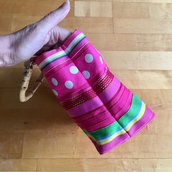 Mercer & Madison Bamboo Handle Mini Bag, Stripes, Polka Dots, Neon Pink, Green - Picture 5 of 16